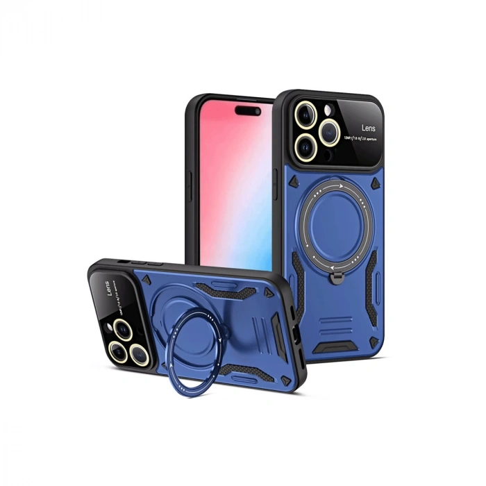 İphone 15 Pro Joy Lens Standlı Kapak - Lacivert