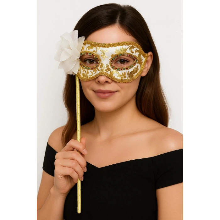 Lüks Taşlı Saplı Maskeli Balo Maskesi Beyaz Renk 35 Cm