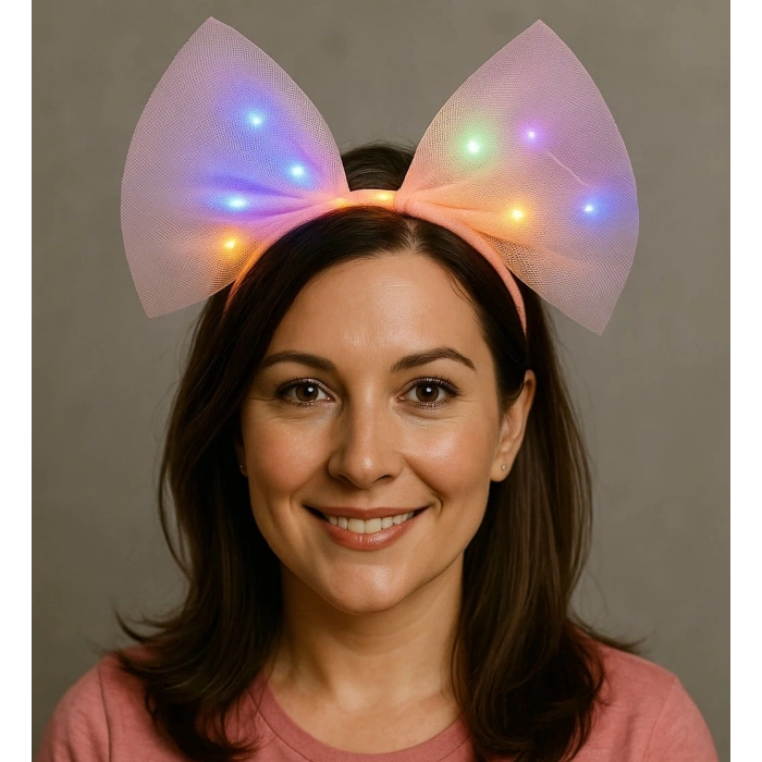 Rengarenk Led Işıklı Fiyonk Şekilli Tül Parti Tacı Pembe Renk 25x25 Cm