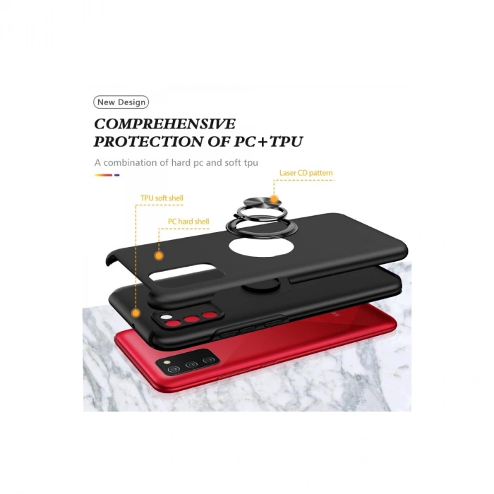 Samsung Galaxy A02s Kılıf Elit Yüzüklü Kapak - Siyah