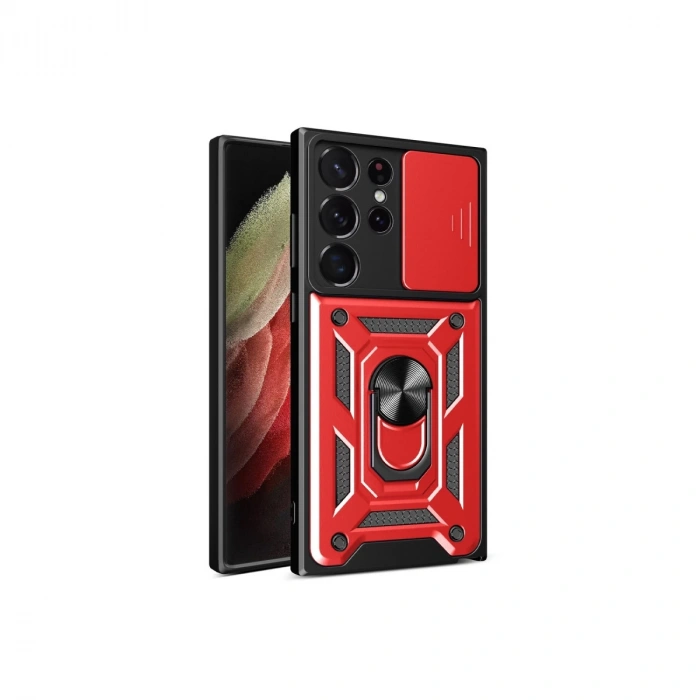 Samsung Galaxy S23 Ultra Kılıf Pars Lens Yüzüklü Silikon - Kırmızı