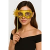 Lüks Taşlı Saplı Maskeli Balo Maskesi Altın Renk 35 Cm
