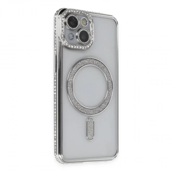 İphone 14 Kılıf Joke Simli Magneticsafe Kılıf - Gümüş