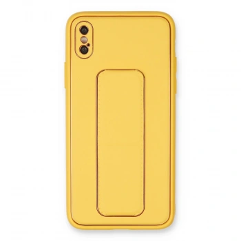 İphone Xs Max Kılıf Coco Deri Standlı Kapak - Sarı