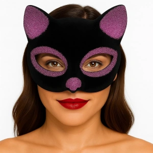 Siyah Renk Pembe Simli Süet Kaplama Kedi Maskesi 18x14 Cm