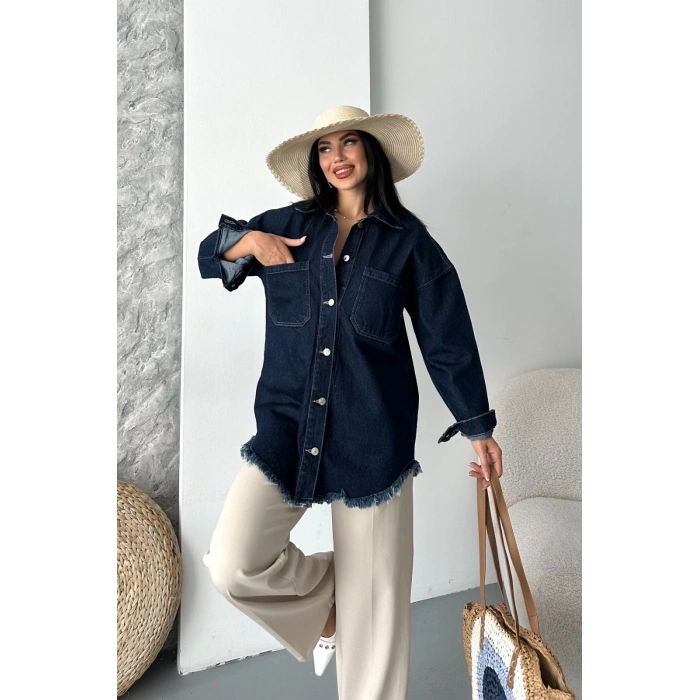 Cepli püsküllü kar yıkama kot ceket koyu mavi d2515