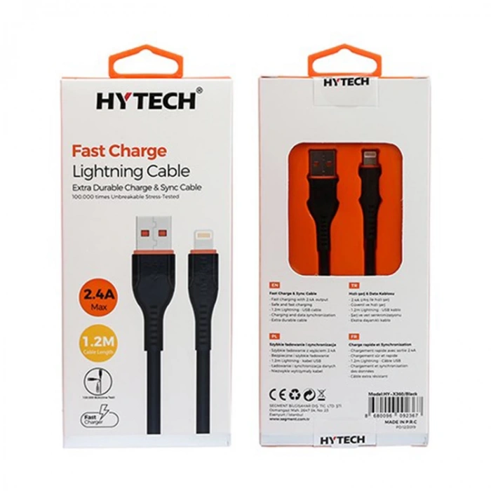 HYTECH HY-X360 1.2M 2.4A LIGHTNING  DATA + HIZLI ŞARJ KABLOSU SİYAH