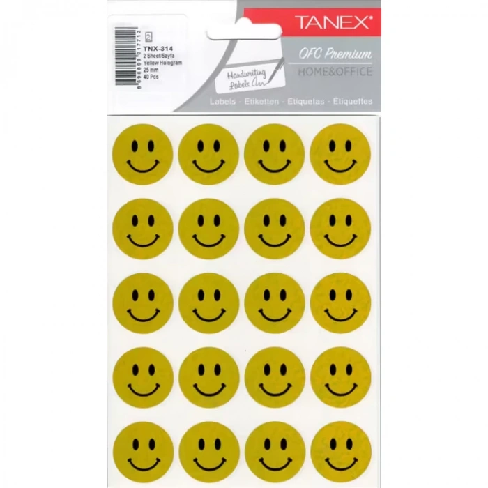 TANEX TNX-314 25mm. SARI HOLOGRAM GÜLEN YÜZ STICKER 2Lİ