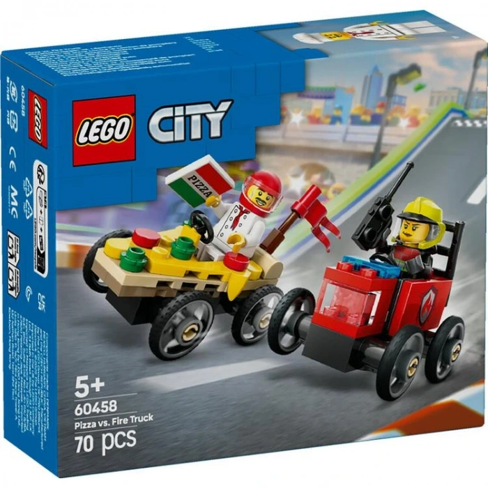 LEGO CITY 60458 PİZZA ARABASI İTFAİYE ARABASINA KARŞI YARIŞ ARABASI PAKETİ 70 PARÇA 5+