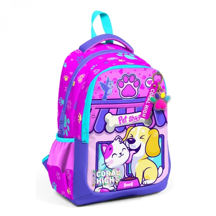 CORAL HIGH 23646 KIDS MOR PEMBE KEDİ KÖPEK DESENLİ ÜÇ BÖLMELİ OKUL SIRT ÇANTASI