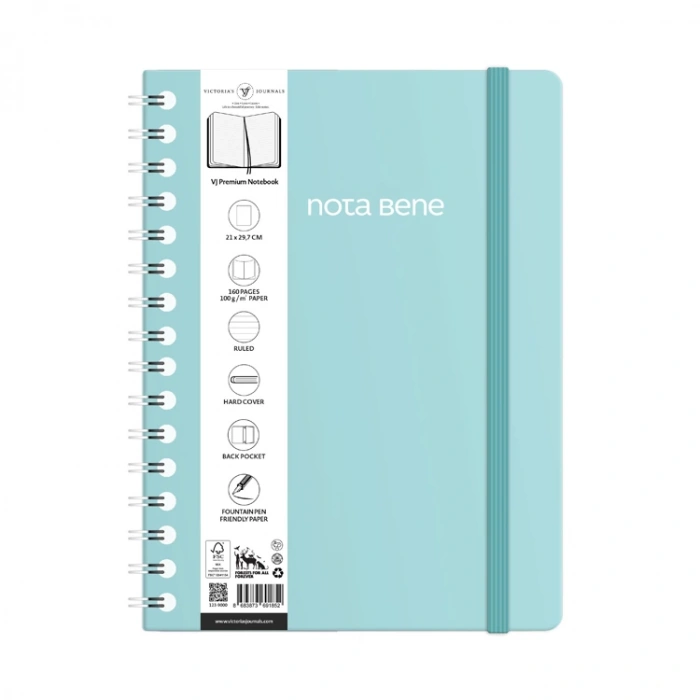VICTORIAS JOURNALS NOTE BENE 9260 PREMIUM NOTEBOOK SPİRALLİ SERT KAPAK A4 100gr.160 SYF. ÇİZGİLİ DEFTER TURKUAZ