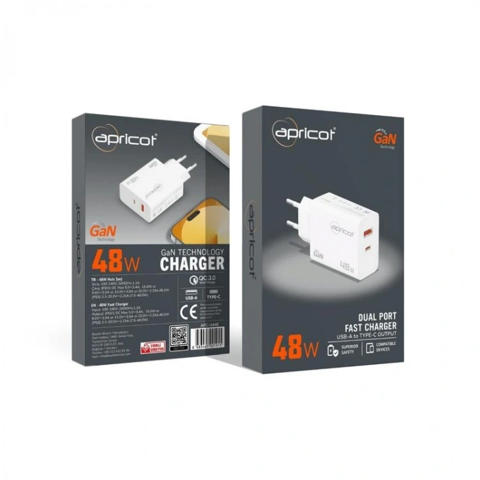 APRİCOT APC-U448 TYPE-C 48W EV TİPİ BEYAZ HIZLI ŞARJ ADAPTÖRÜ