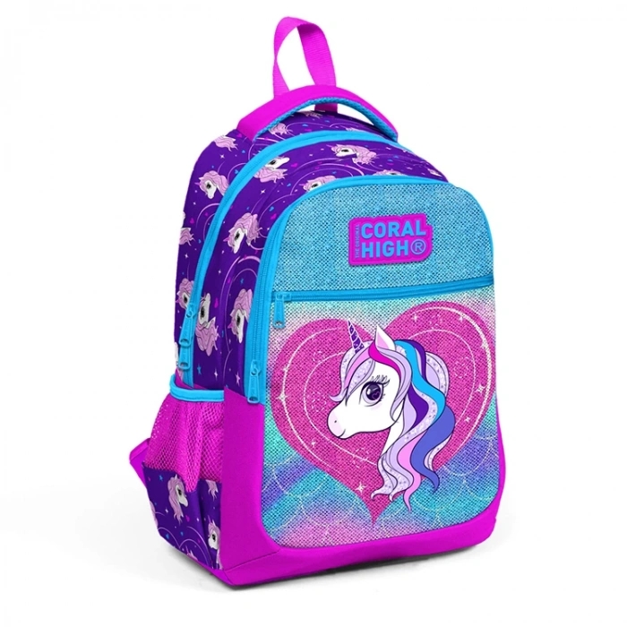 CORAL HIGH 23492 KIDS MOR PEMBE UNICORN DESENLİ SİMLİ ÜÇ BÖLMELİ SIRT ÇANTASI