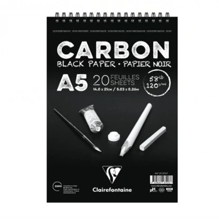 ESMO CR 97517 CLAIREFONTAINE CARBON BLACK A5 ÜSTTEN SPİRALLİ SİYAH ÇOK AMAÇLI ÇİZİM BLOK 120gr 20yp