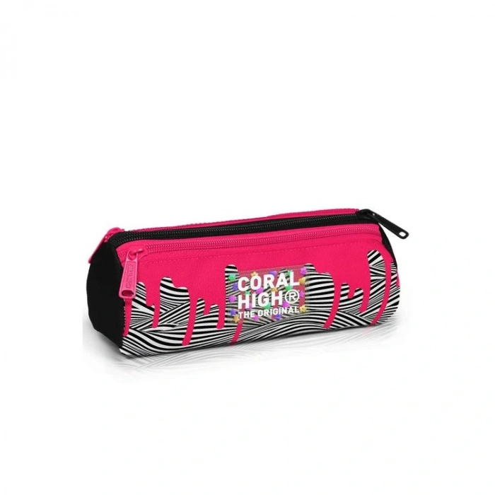 CORAL HIGH 11178 KIDS PEMBE SİYAH BEYAZ DESENLİ ÜÇ BÖLMELİ KALEM ÇANTASI