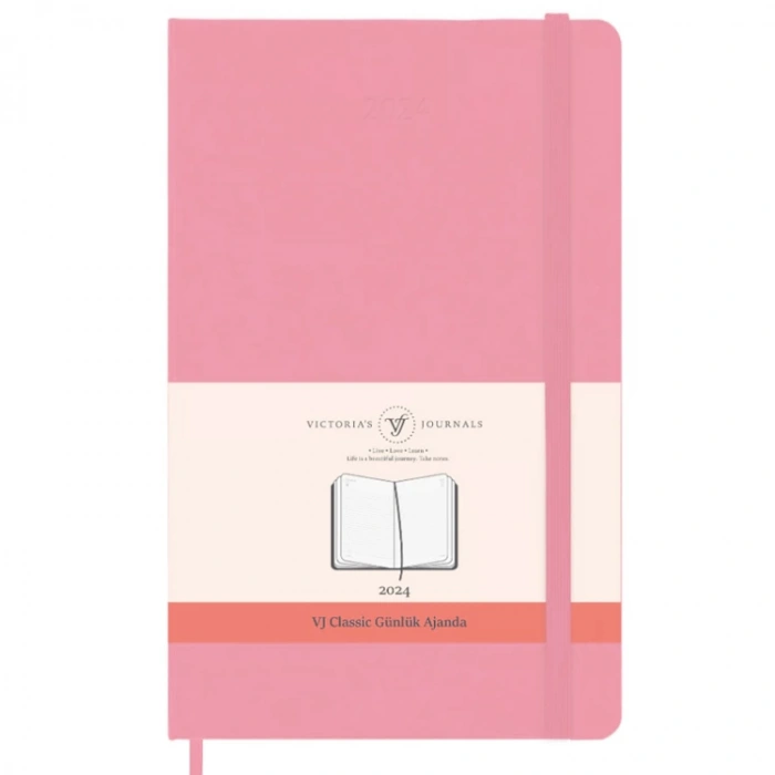 VICTORIAS JOURNALS 9173 13x21cm SERT KAPAK LASTİKLİ CEPLİ CLASSIC GÜNLÜK AJANDA - PEMBE