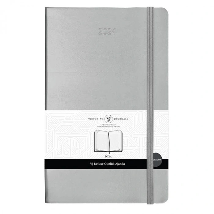 VICTORIAS JOURNALS 9178 13x21cm SERT KAPAK LASTİKLİ CEPLİ DE LUXE GÜNLÜK AJANDA - KENAR YALDIZLI GÜMÜŞ