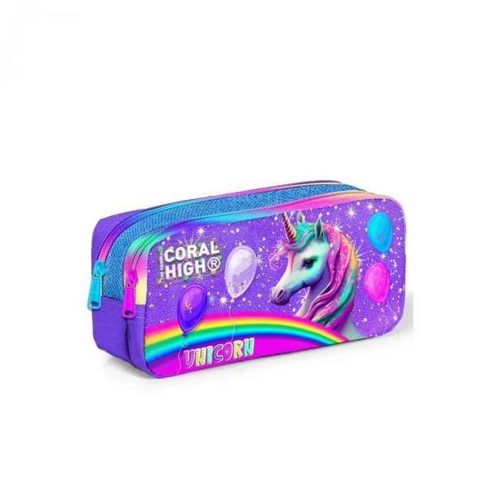 CORAL HIGH 12073 KIDS MOR PEMBE SİMLİ UNICORN DESENLİ İKİ BÖLMELİ KALEM ÇANTASI