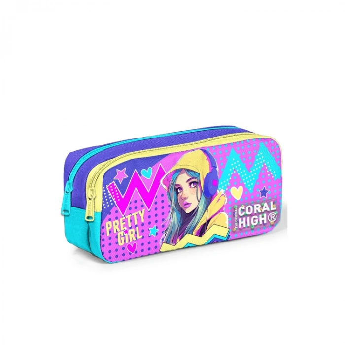 CORAL HIGH 12071 KIDS LAVANTA TURKUAZ KULAKLIKLI KIZ DESENLİ İKİ BÖLMELİ KALEM ÇANTASI