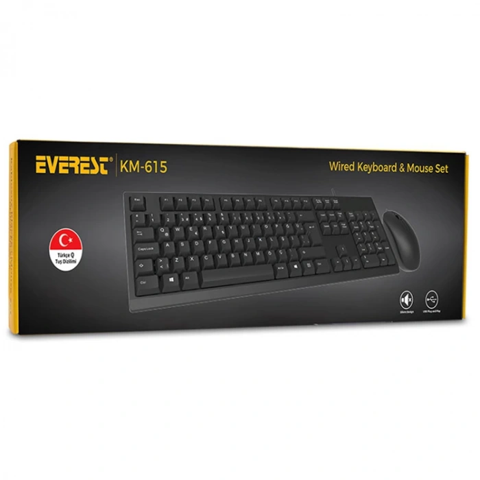EVEREST KM-615 USB KABLOLU COMBO STANDART Q KLAVYE+ MOUSE SET SİYAH