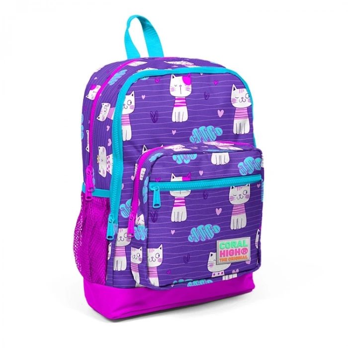 CORAL HIGH 23464 KİDS MOR PEMBE KEDİ DESENLİ DÖRT BÖLMELİ OKUL SIRT ÇANTASI