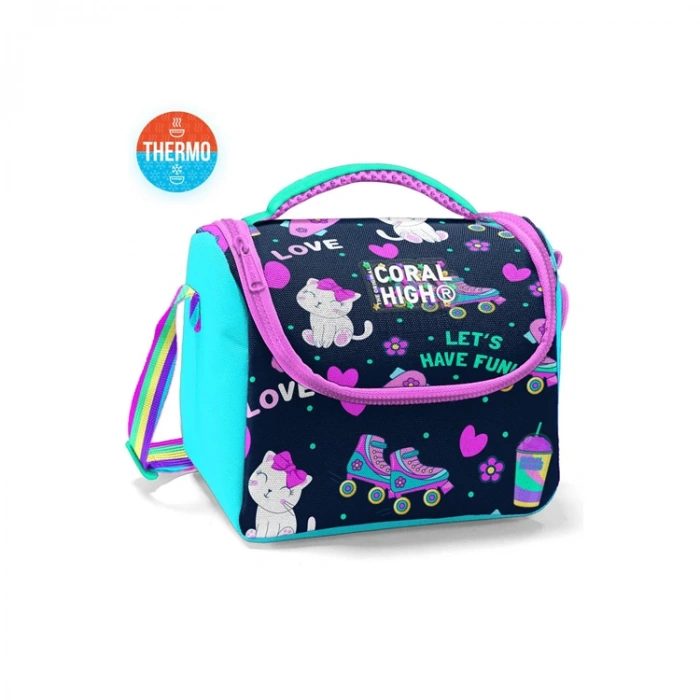 CORAL HIGH 11891 KIDS LACİVERT PEMBE KEDİLİ PATEN DESENLİ THERMO BESLENME ÇANTASI