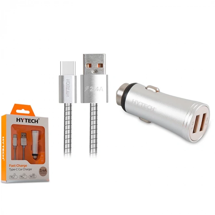 HYTECH HY-X66 3.4A HIZLI ŞARJ TYPE-C ÇİFT ÇIKIŞLI KABLOLU ARAÇ ŞARJ CİHAZI METAL GÜMÜŞ