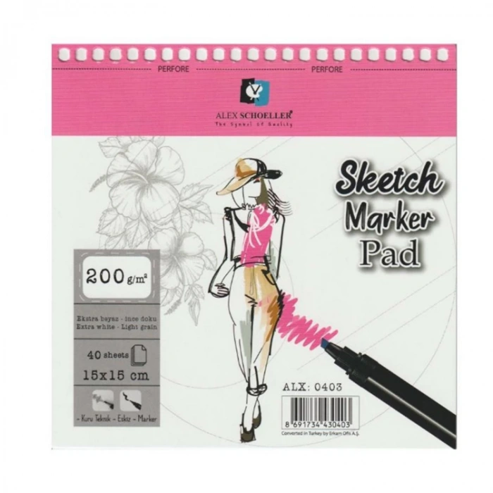 ALEX 15X15 ÇİZİM DEFTERİ ÜSTTEN SPİRALLİ 200GR.40YP. SKETCH-MARKER PAD