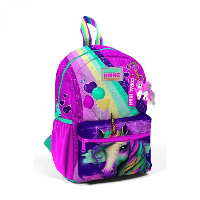 CORAL HIGH 23558 KIDS PEMBE SU YEŞİLİ UNICORN DESENLİ İKİ BÖLMELİ MİNİK YUVA SIRT ÇANTASI