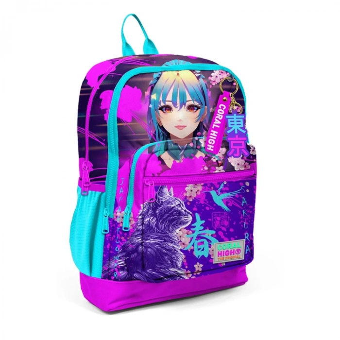 CORAL HIGH 23753 KIDS MOR PEMBE ANİME KEDİ DESENLİ DÖRT BÖLMELİ SIRT ÇANTASI
