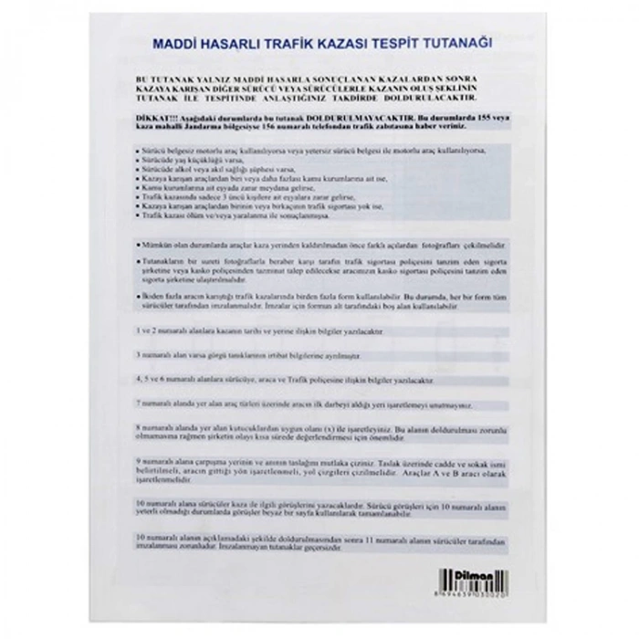 DİLMAN KAZA TESPİT TUTANAĞI FORMU OTOKOPİLİ