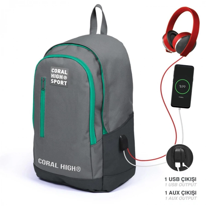 CORAL HIGH 23233 GRİ USB + AUX SOKETLİ ÜÇ BÖLMELİ SIRT ÇANTASI
