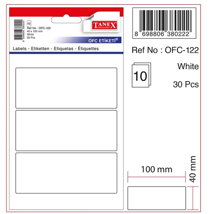 TANEX OFC-122 40x100mm BEYAZ OFİS ETİKETİ 10LU