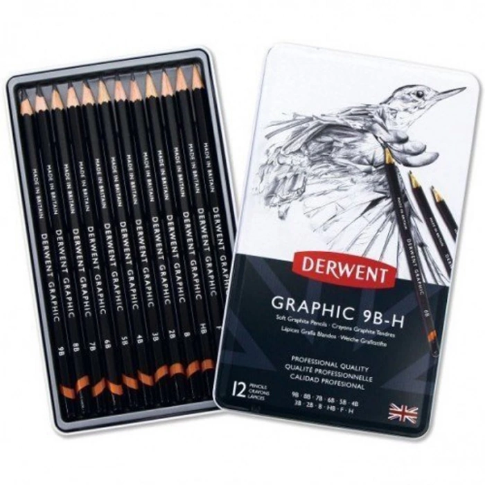 DERWENT GRAPHIC SET SOFT- DERECELİ KALEM SETİ12 li  TENEKE KUTU