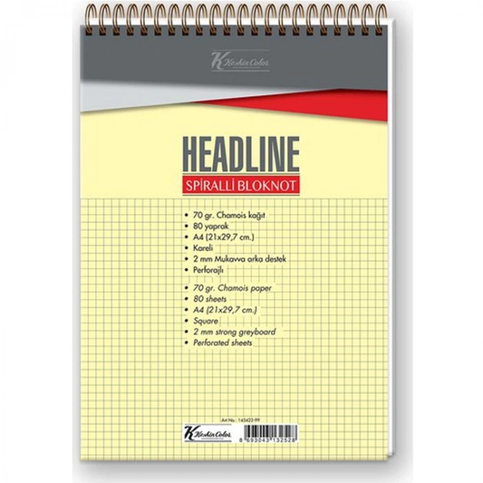 KESKİN COLOR HEADLINE 21X29.7 A4  SPİRALLİ KARTON KAPAK BLOKNOT 80YP. KARELİ