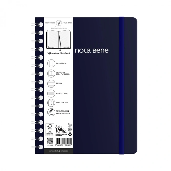 VICTORIAS JOURNALS NOTE BENE 9262 PREMIUM NOTEBOOK SPİRALLİ SERT KAPAK A5 100gr.160 SYF. ÇİZGİLİ DEFTER LACİVERT