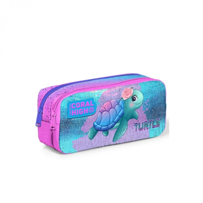 CORAL HIGH 12061 AÇIK PEMBE MAVİ KAPLUMBAĞA DESENLİ İKİ BÖLMELİ KALEM ÇANTASI