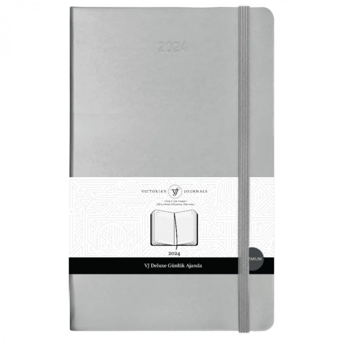 VICTORIAS JOURNALS 9194 9x14cm SERT KAPAK LASTİKLİ CEPLİ DE LUXE GÜNLÜK AJANDA - KENARI YALDIZLI GÜMÜŞ
