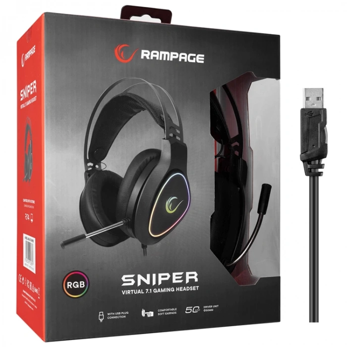 RAMPAGE RMX-G7 SNIPER SİYAH USB 7.1 RGB GAMİNG MİKROFONLU KULAKLIK