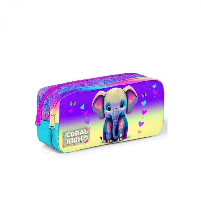 CORAL HIGH 12083 KIDS PEMBE TURKUAZ FİL DESENLİ İKİ BÖLMELİ KALEM ÇANTASI