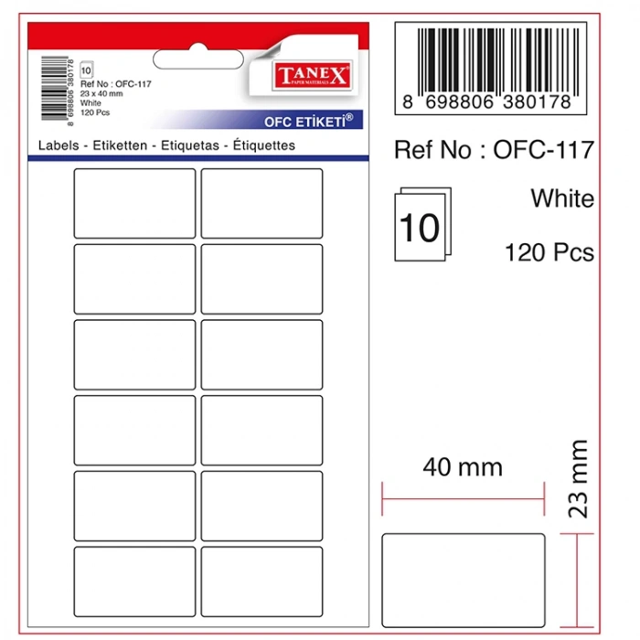 TANEX OFC-117 23x40mm BEYAZ OFİS ETİKETİ 10LU