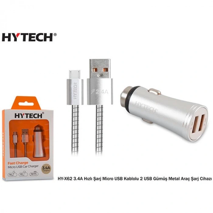 HYTECH HY-X62 3.4A HIZLI ŞARJ MİCRO USB KABLOLU ÇİFT ÇIKIŞLI ARAÇ ŞARJ CİHAZI METAL GÜMÜŞ