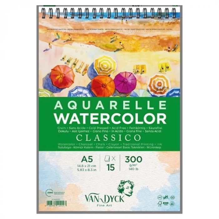 VAN DYCK VD420412 CLASSICO DOKULU ÜSTTEN SPİRALLİ SULUBOYA BLOK A5 300GR 15 YP