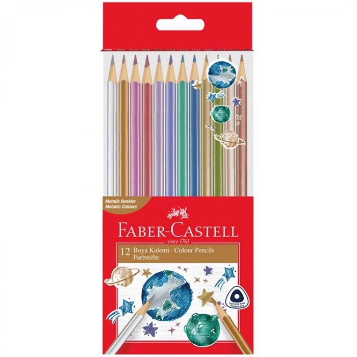 FABER CASTELL ÜÇGEN KURU BOYA KALEMİ METALİK RENKLER 12Lİ