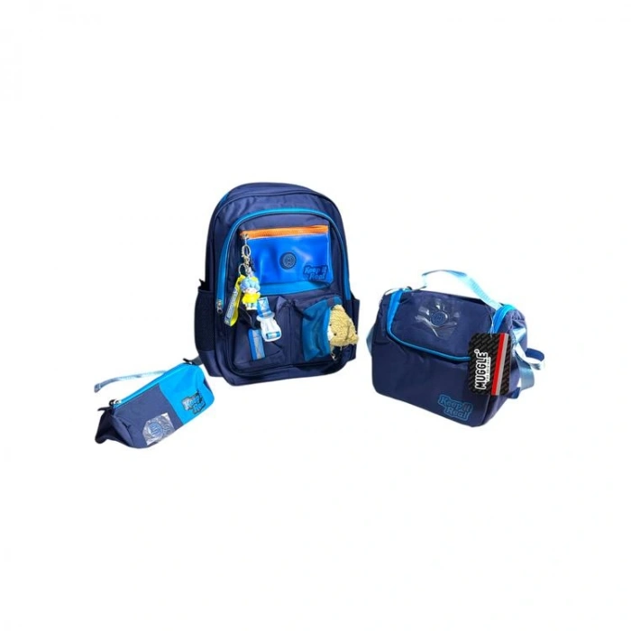 MUGGLE MU-2025 DEEP BLUE 3 BÖLMELİ SIRT ÇANTASI - BESLENME ÇANTASI - KALEM ÇANTASI 3LÜ SET MAVİ