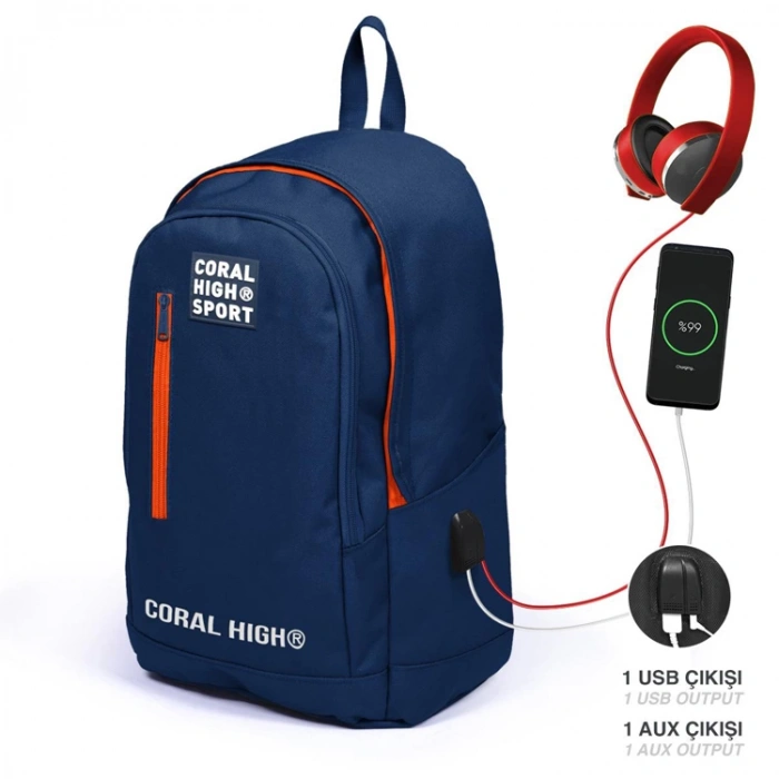 CORAL HIGH 23232 LACİVERT NEON TURUNCU USB + AUX SOKETLİ ÜÇ BÖLMELİ SIRT ÇANTASI