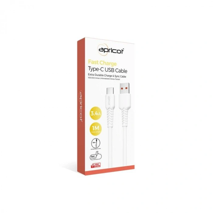APRİCOT APC-A130T TYPE-C USB 1M 3.4A BEYAZ ŞARJ+DATA KABLOSU