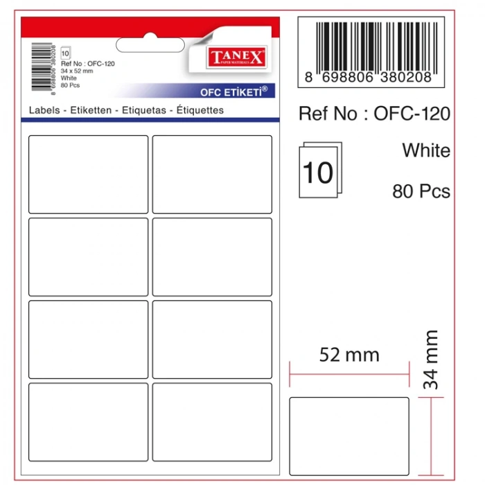 TANEX OFC-120 34x52 BEYAZ OFİS ETİKETİ 10LU