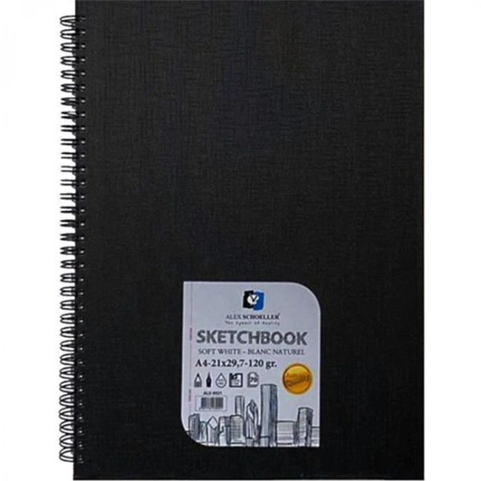 ALEX A4 21X29,7cm ESKİZ DEFTERİ YAN SPİRALLİ SİYAH SERT KAPAK 120GR.70YP.