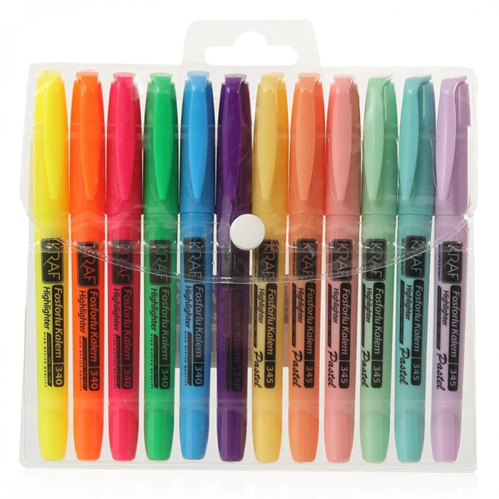 KRAF 340/345-12  (6 PASTEL + 6 PARLAK RENK) FOSFORLU KALEM 12li